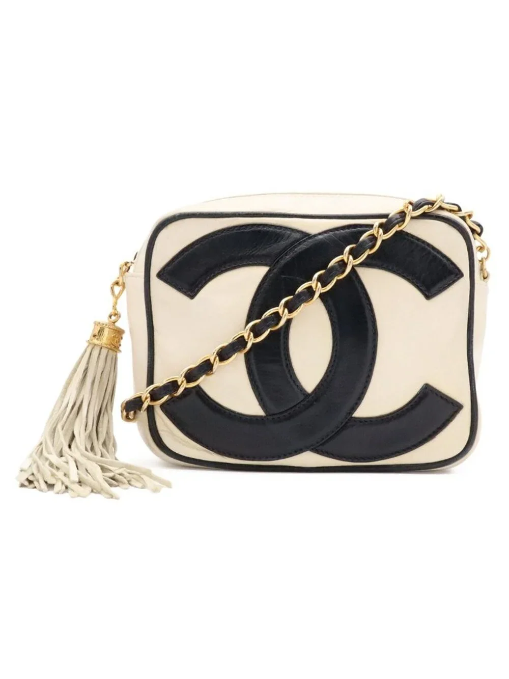 Chanel CC Logo Chain Shoulder Bag Pochette Tassel Fringe Leather Ivory White